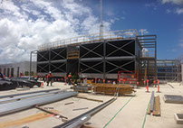 Pultrac structural profiles and mesh are used in the construction industry for roof supports, bridge girders, walkways and ladders